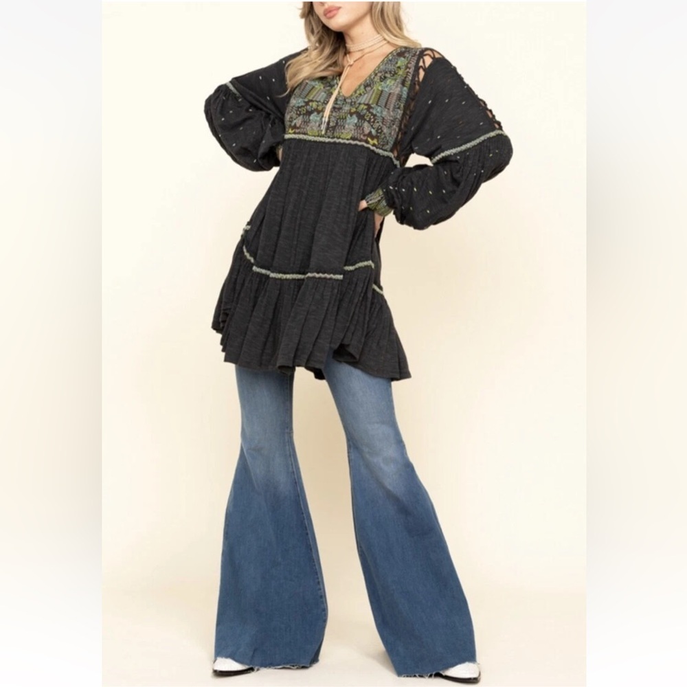Free People Black Embroidered Boho Tunic with Green & Teal Accents